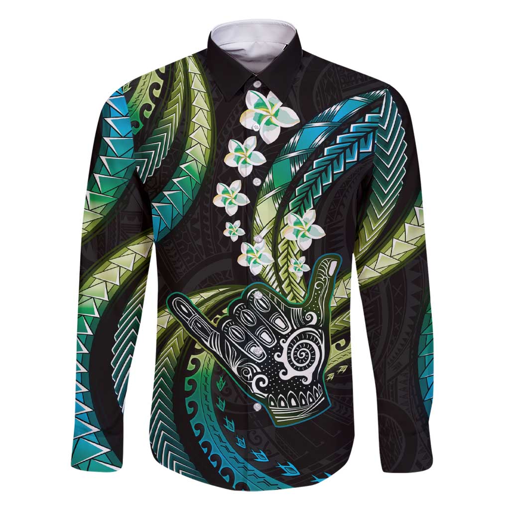 Hawaii Shaka Sign Family Matching Short Sleeve Bodycon Dress and Hawaiian Shirt Fantastic Frangipani Chartreuse Cyan LT01 Dad's Shirt - Long Sleeve Cyan - Polynesian Pride