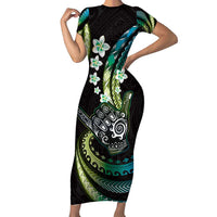 Hawaii Shaka Sign Family Matching Short Sleeve Bodycon Dress and Hawaiian Shirt Fantastic Frangipani Chartreuse Cyan LT01 Mom's Dress Cyan - Polynesian Pride