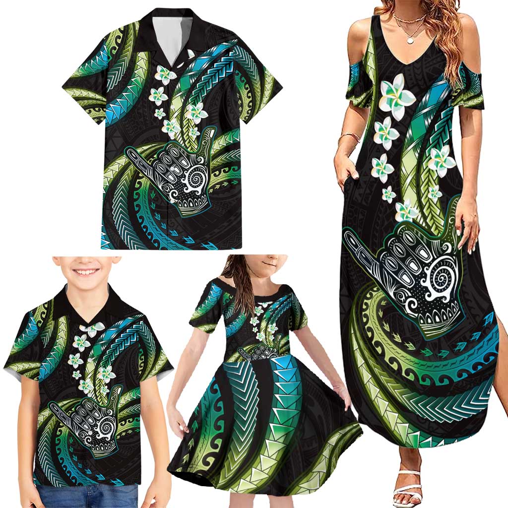 Hawaii Shaka Sign Family Matching Summer Maxi Dress and Hawaiian Shirt Fantastic Frangipani Chartreuse Cyan LT01 - Polynesian Pride