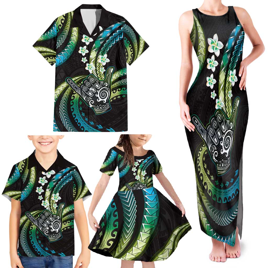 Hawaii Shaka Sign Family Matching Tank Maxi Dress and Hawaiian Shirt Fantastic Frangipani Chartreuse Cyan LT01 - Polynesian Pride