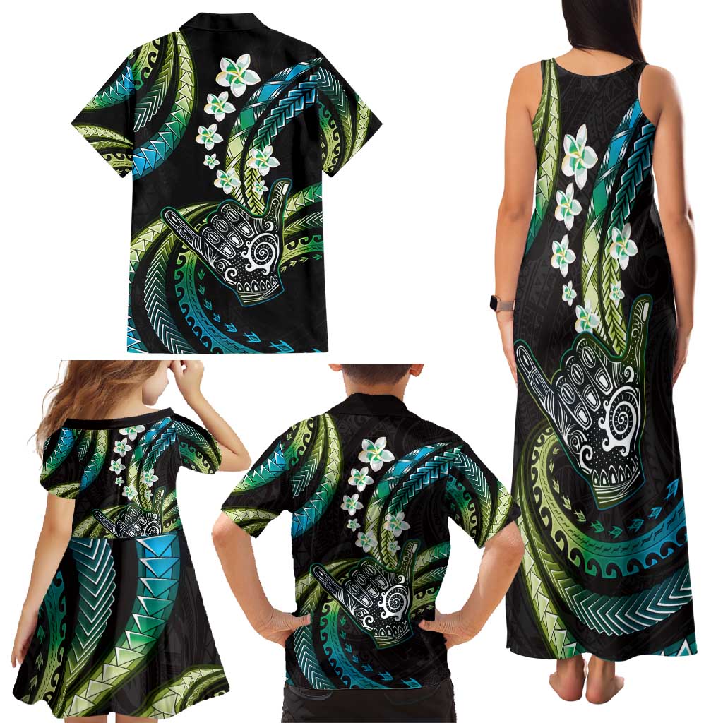 Hawaii Shaka Sign Family Matching Tank Maxi Dress and Hawaiian Shirt Fantastic Frangipani Chartreuse Cyan LT01 - Polynesian Pride