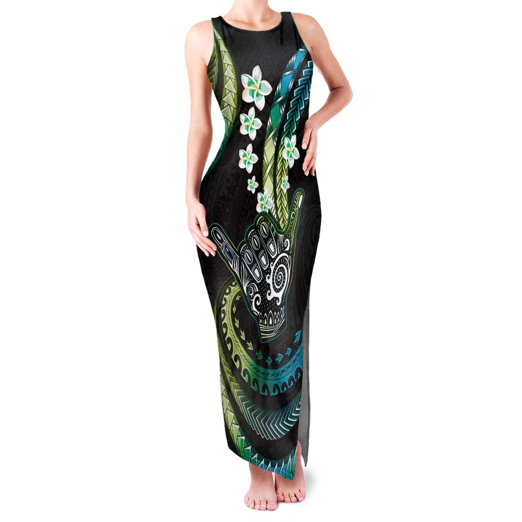 Hawaii Shaka Sign Family Matching Tank Maxi Dress and Hawaiian Shirt Fantastic Frangipani Chartreuse Cyan LT01 Mom's Dress Cyan - Polynesian Pride