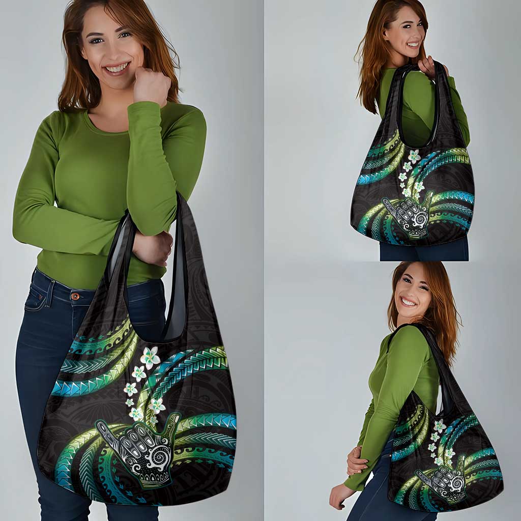 Hawaii Shaka Sign Grocery Bag Fantastic Frangipani Chartreuse Cyan