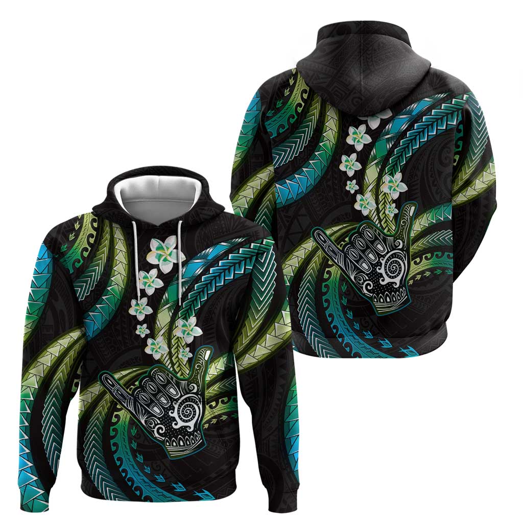 Hawaii Shaka Sign Hoodie Fantastic Frangipani Chartreuse Cyan