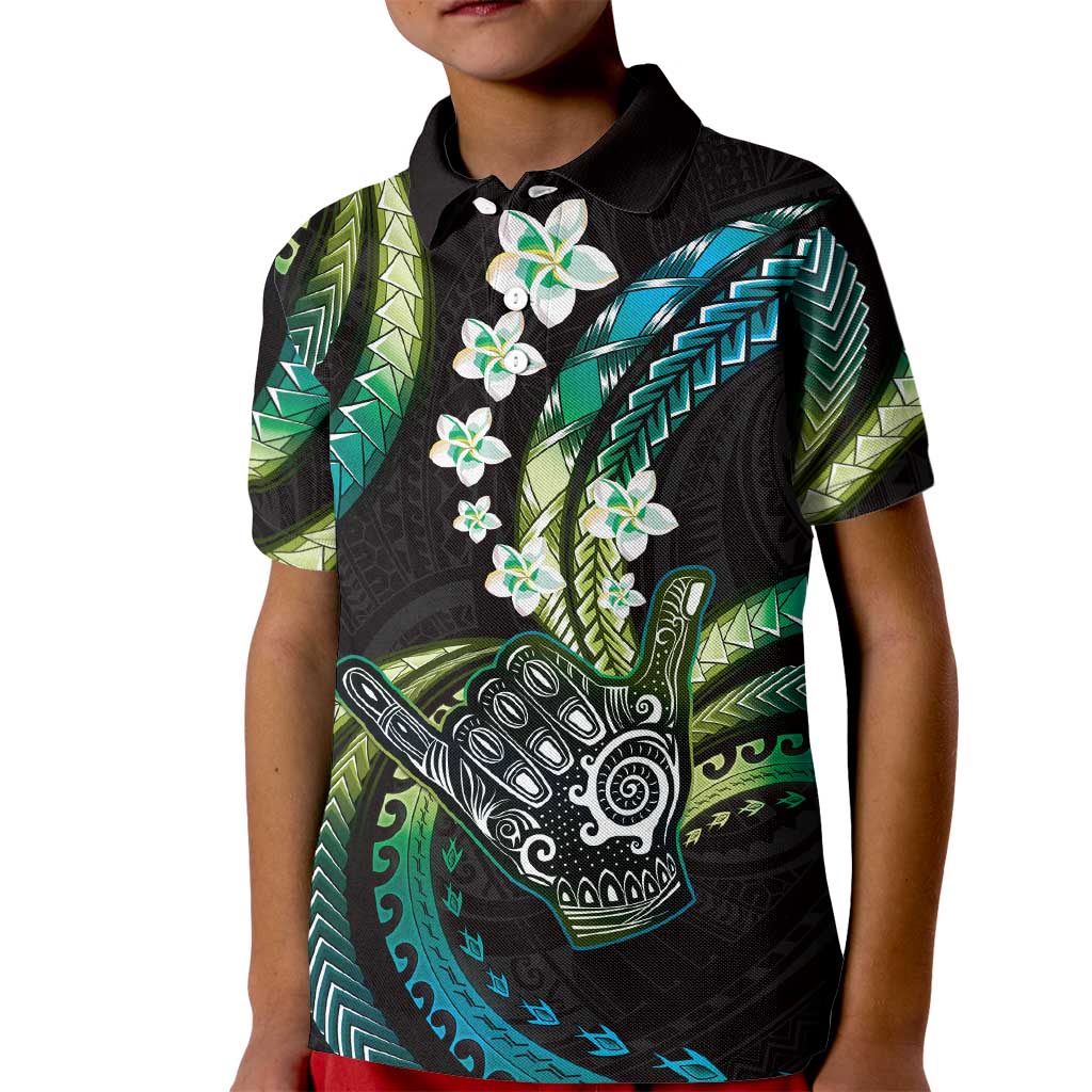 Hawaii Shaka Sign Kid Polo Shirt Fantastic Frangipani Chartreuse Cyan LT01 Kid Cyan - Polynesian Pride