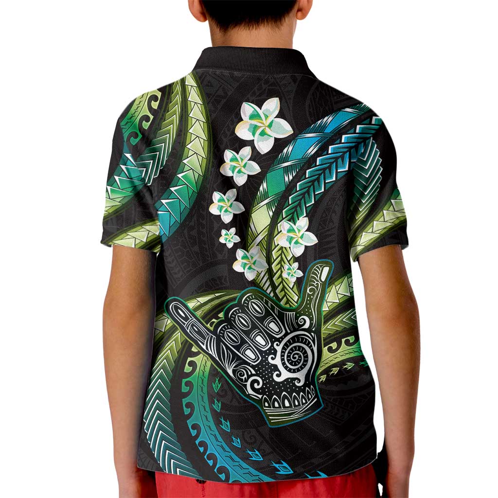 Hawaii Shaka Sign Kid Polo Shirt Fantastic Frangipani Chartreuse Cyan LT01 - Polynesian Pride