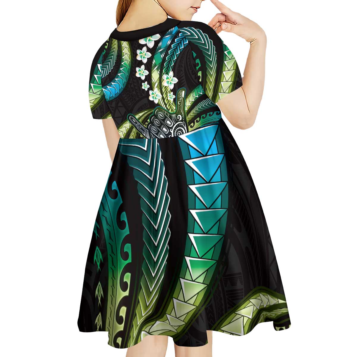 Hawaii Shaka Sign Kid Short Sleeve Dress Fantastic Frangipani Chartreuse Cyan