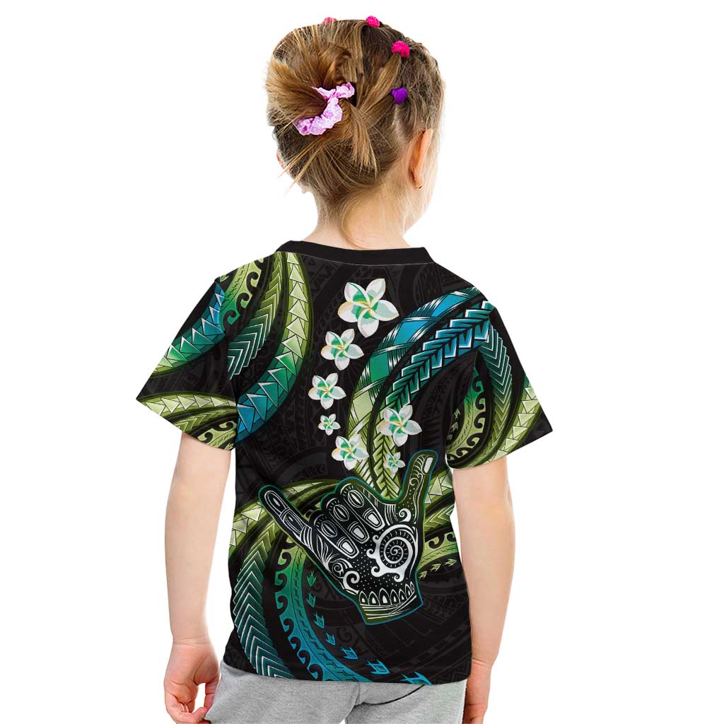 Hawaii Shaka Sign Kid T Shirt Fantastic Frangipani Chartreuse Cyan LT01 - Polynesian Pride