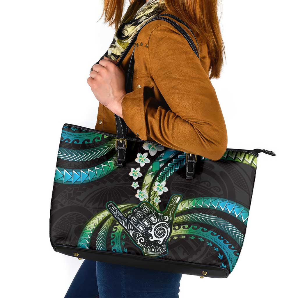 Hawaii Shaka Sign Leather Tote Bag Fantastic Frangipani Chartreuse Cyan