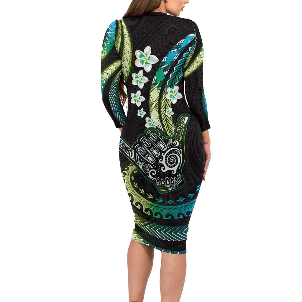 Hawaii Shaka Sign Long Sleeve Bodycon Dress Fantastic Frangipani Chartreuse Cyan