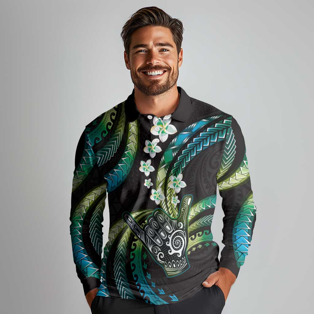Hawaii Shaka Sign Long Sleeve Polo Shirt Fantastic Frangipani Chartreuse Cyan