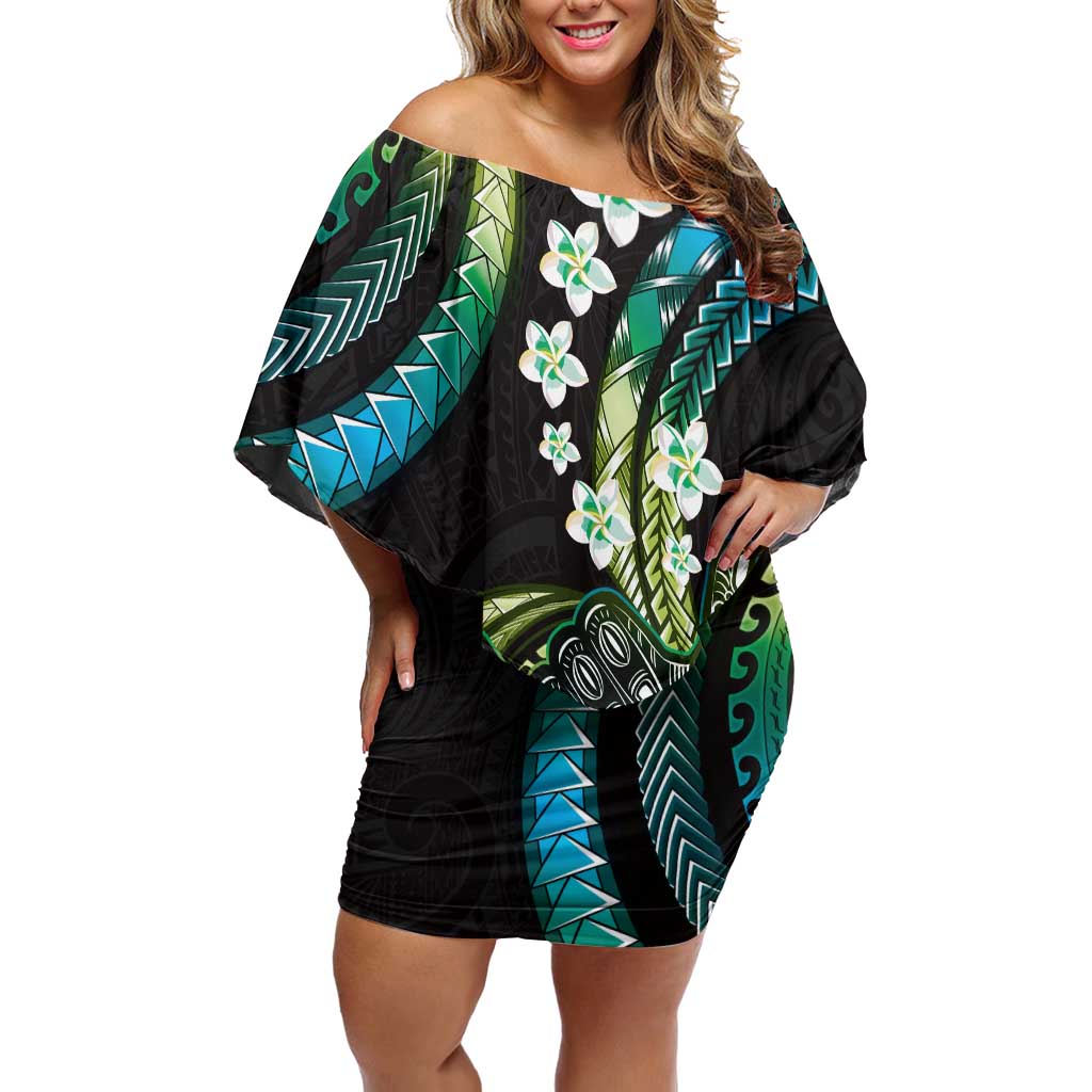 Hawaii Shaka Sign Off Shoulder Short Dress Fantastic Frangipani Chartreuse Cyan LT01 Women Cyan - Polynesian Pride