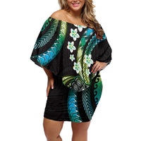 Hawaii Shaka Sign Off Shoulder Short Dress Fantastic Frangipani Chartreuse Cyan LT01 Women Cyan - Polynesian Pride