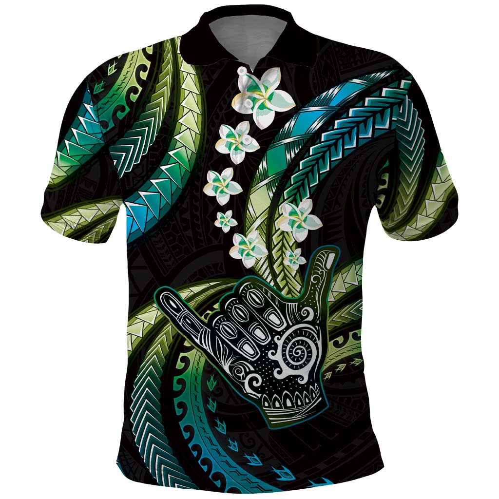 Hawaii Shaka Sign Polo Shirt Fantastic Frangipani Chartreuse Cyan LT01 Cyan - Polynesian Pride