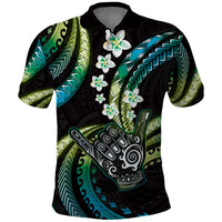 Hawaii Shaka Sign Polo Shirt Fantastic Frangipani Chartreuse Cyan LT01 Cyan - Polynesian Pride