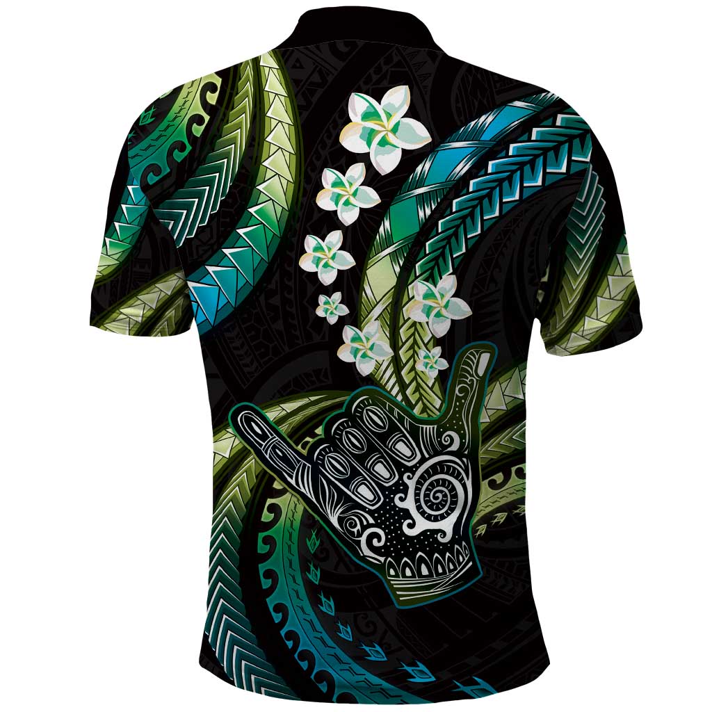 Hawaii Shaka Sign Polo Shirt Fantastic Frangipani Chartreuse Cyan LT01 - Polynesian Pride