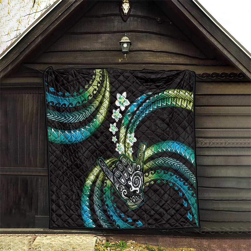 Hawaii Shaka Sign Quilt Fantastic Frangipani Chartreuse Cyan