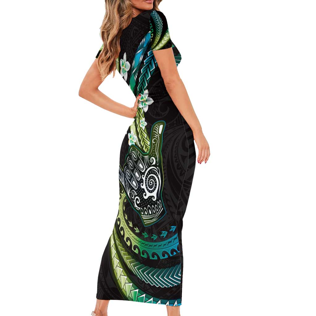 Hawaii Shaka Sign Short Sleeve Bodycon Dress Fantastic Frangipani Chartreuse Cyan