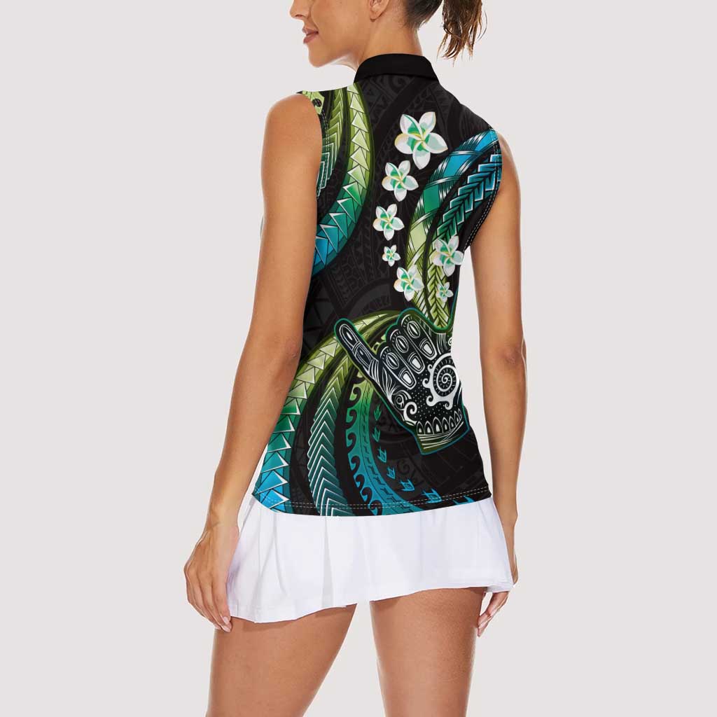 Hawaii Shaka Sign Women Sleeveless Polo Shirt Fantastic Frangipani Chartreuse Cyan