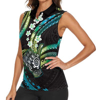 Hawaii Shaka Sign Women Sleeveless Polo Shirt Fantastic Frangipani Chartreuse Cyan