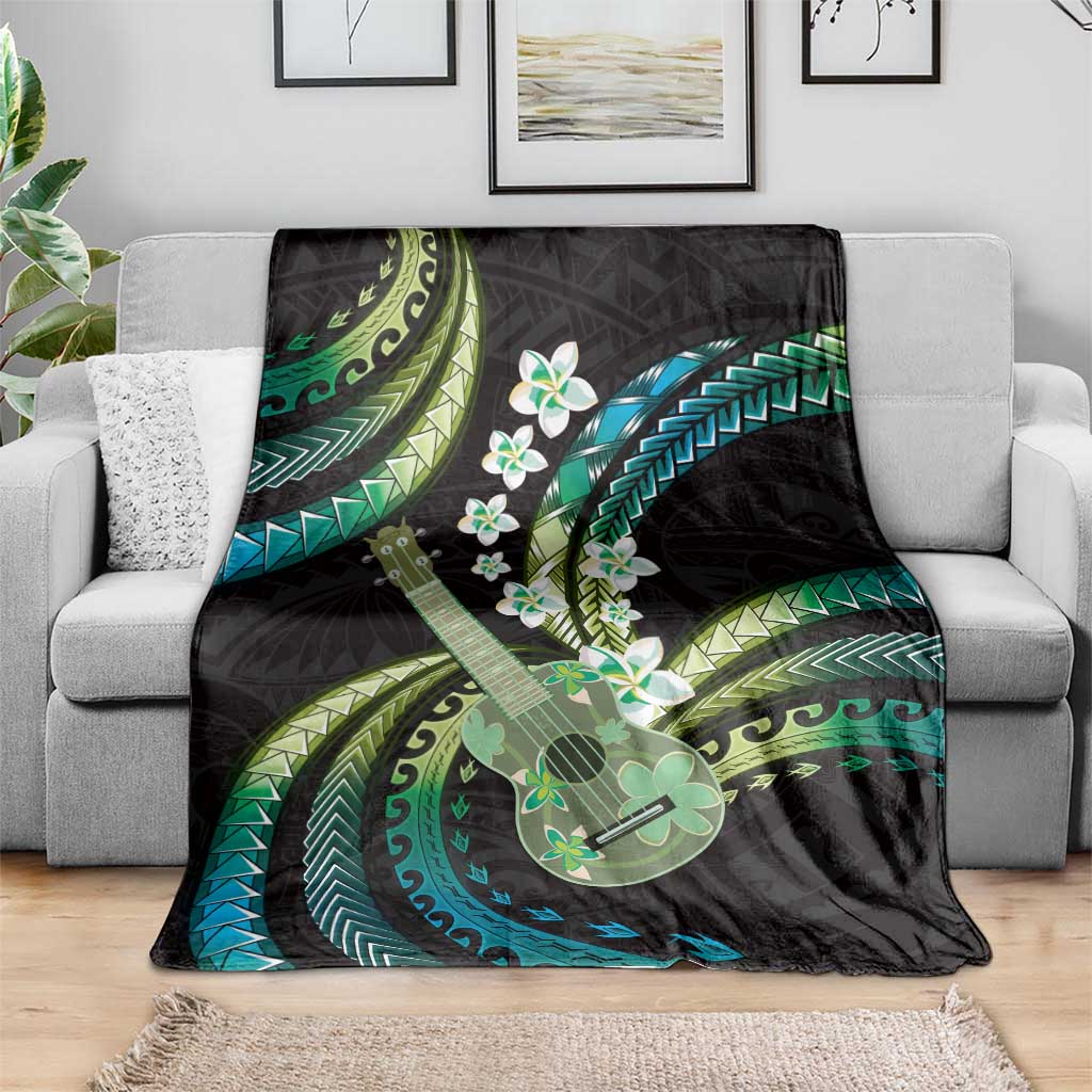 Hawaiian Ukulele Blanket Chartreuse Cyan Fantastic Plumeria