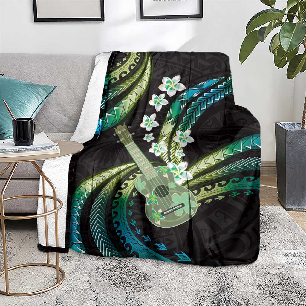 Hawaiian Ukulele Blanket Chartreuse Cyan Fantastic Plumeria