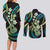 Hawaiian Ukulele Couples Matching Long Sleeve Bodycon Dress and Long Sleeve Button Shirt Chartreuse Cyan Fantastic Plumeria