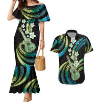 Hawaiian Ukulele Couples Matching Mermaid Dress and Hawaiian Shirt Chartreuse Cyan Fantastic Plumeria