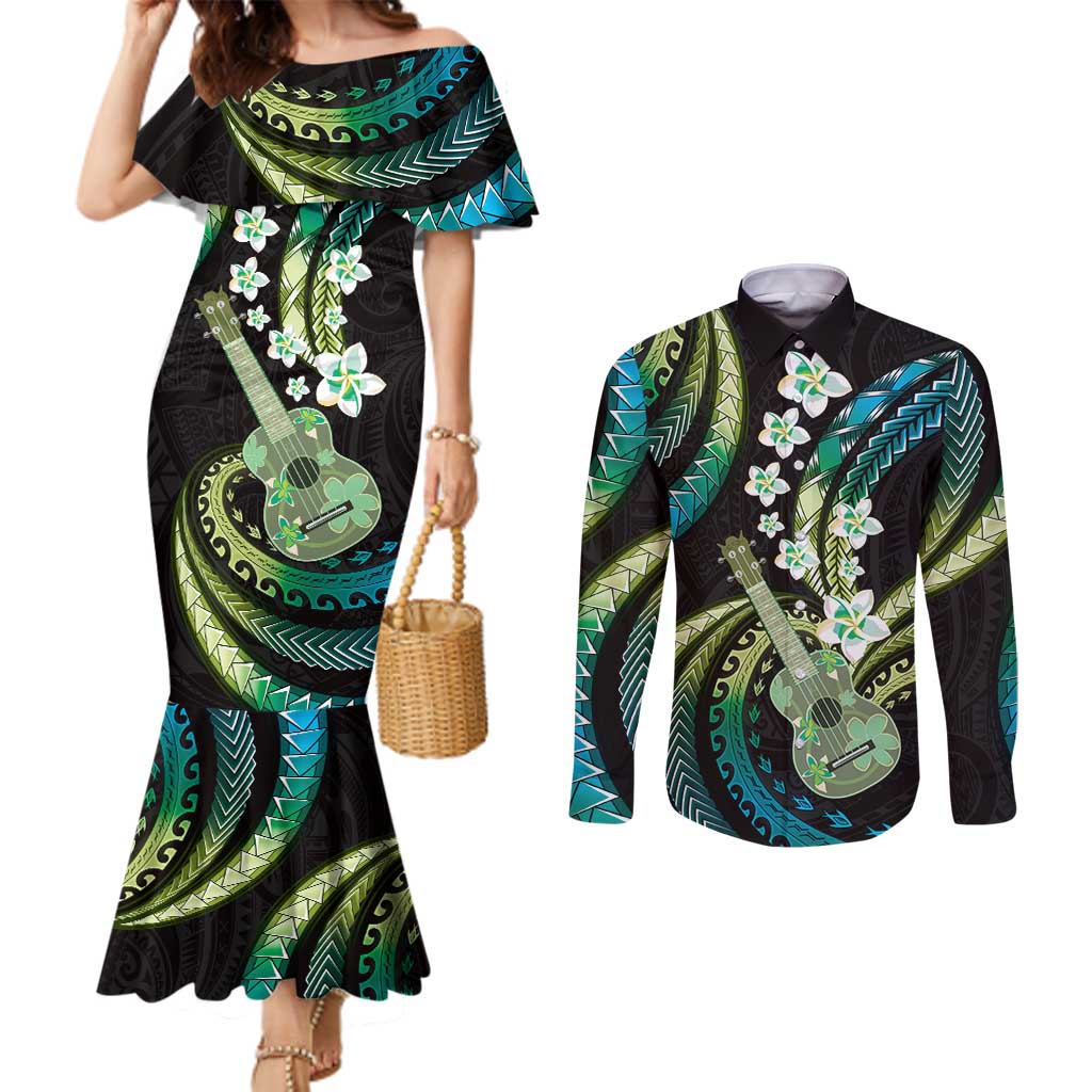 Hawaiian Ukulele Couples Matching Mermaid Dress and Long Sleeve Button Shirt Chartreuse Cyan Fantastic Plumeria