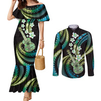 Hawaiian Ukulele Couples Matching Mermaid Dress and Long Sleeve Button Shirt Chartreuse Cyan Fantastic Plumeria
