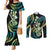 Hawaiian Ukulele Couples Matching Mermaid Dress and Long Sleeve Button Shirt Chartreuse Cyan Fantastic Plumeria