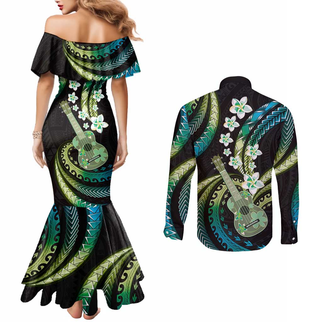 Hawaiian Ukulele Couples Matching Mermaid Dress and Long Sleeve Button Shirt Chartreuse Cyan Fantastic Plumeria