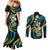 Hawaiian Ukulele Couples Matching Mermaid Dress and Long Sleeve Button Shirt Chartreuse Cyan Fantastic Plumeria