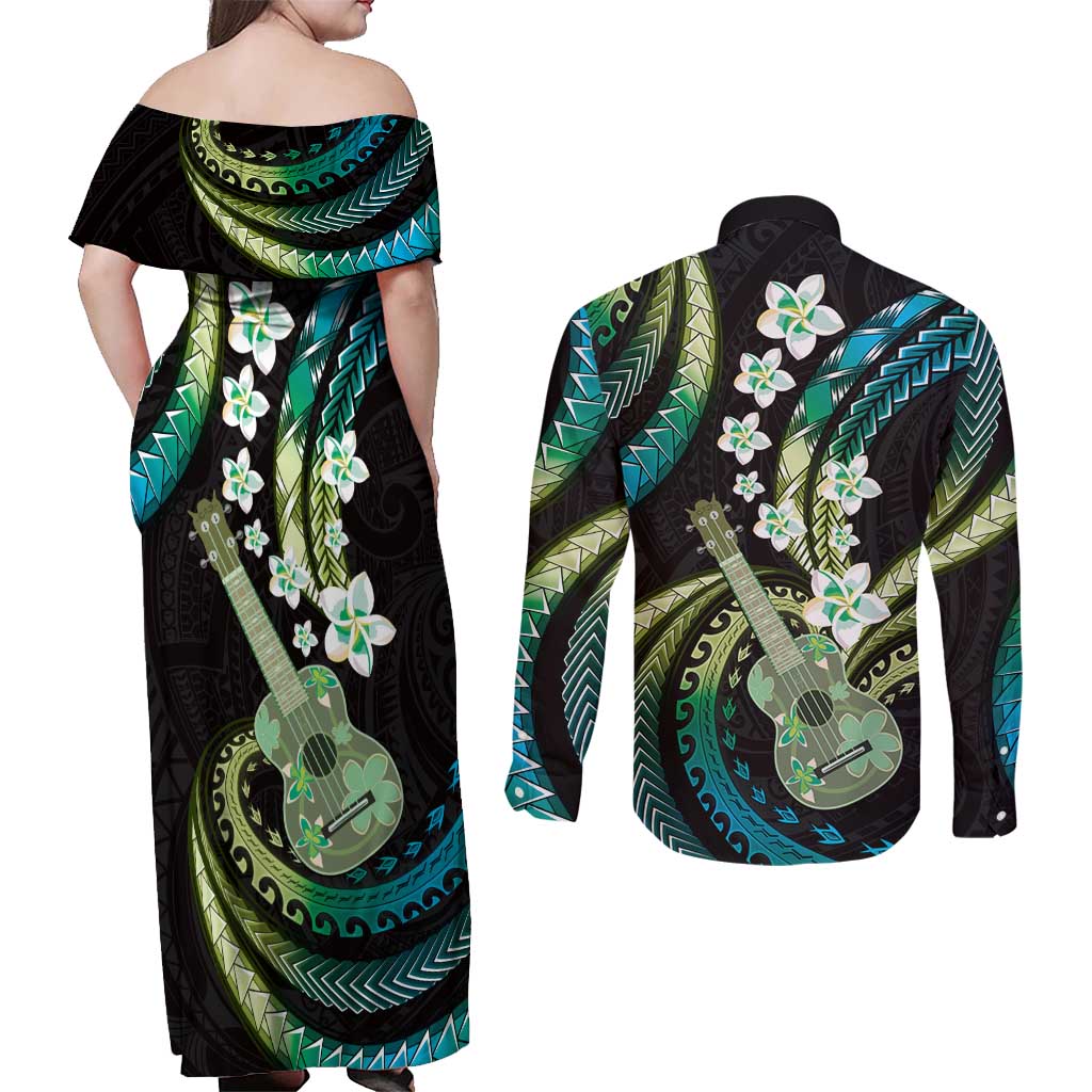 Hawaiian Ukulele Couples Matching Off Shoulder Maxi Dress and Long Sleeve Button Shirt Chartreuse Cyan Fantastic Plumeria