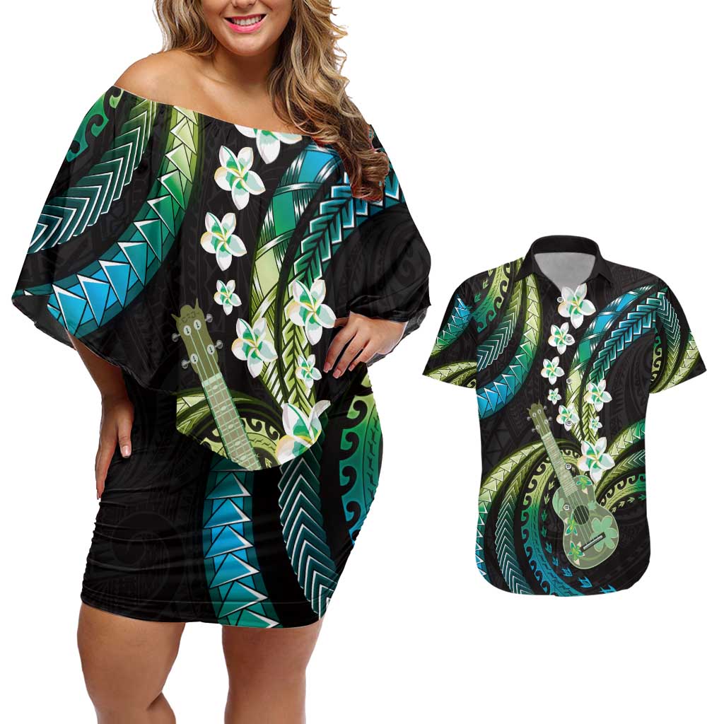 Hawaiian Ukulele Couples Matching Off Shoulder Short Dress and Hawaiian Shirt Chartreuse Cyan Fantastic Plumeria