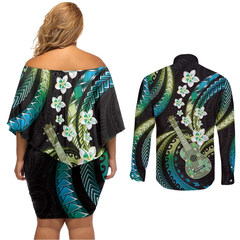 Hawaiian Ukulele Couples Matching Off Shoulder Short Dress and Long Sleeve Button Shirt Chartreuse Cyan Fantastic Plumeria