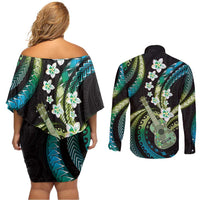 Hawaiian Ukulele Couples Matching Off Shoulder Short Dress and Long Sleeve Button Shirt Chartreuse Cyan Fantastic Plumeria