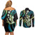 Hawaiian Ukulele Couples Matching Off Shoulder Short Dress and Long Sleeve Button Shirt Chartreuse Cyan Fantastic Plumeria