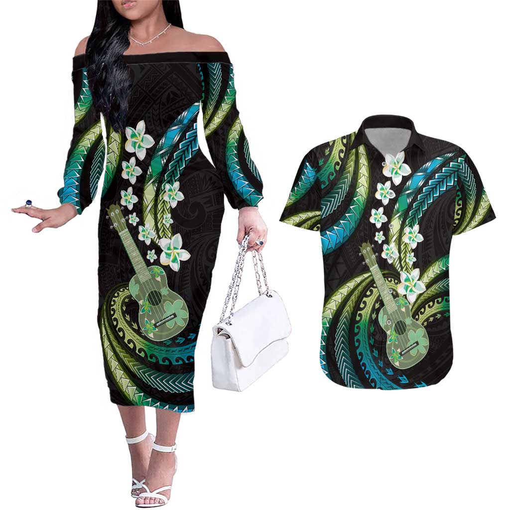 Hawaiian Ukulele Couples Matching Off The Shoulder Long Sleeve Dress and Hawaiian Shirt Chartreuse Cyan Fantastic Plumeria