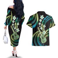Hawaiian Ukulele Couples Matching Off The Shoulder Long Sleeve Dress and Hawaiian Shirt Chartreuse Cyan Fantastic Plumeria LT01 - Polynesian Pride