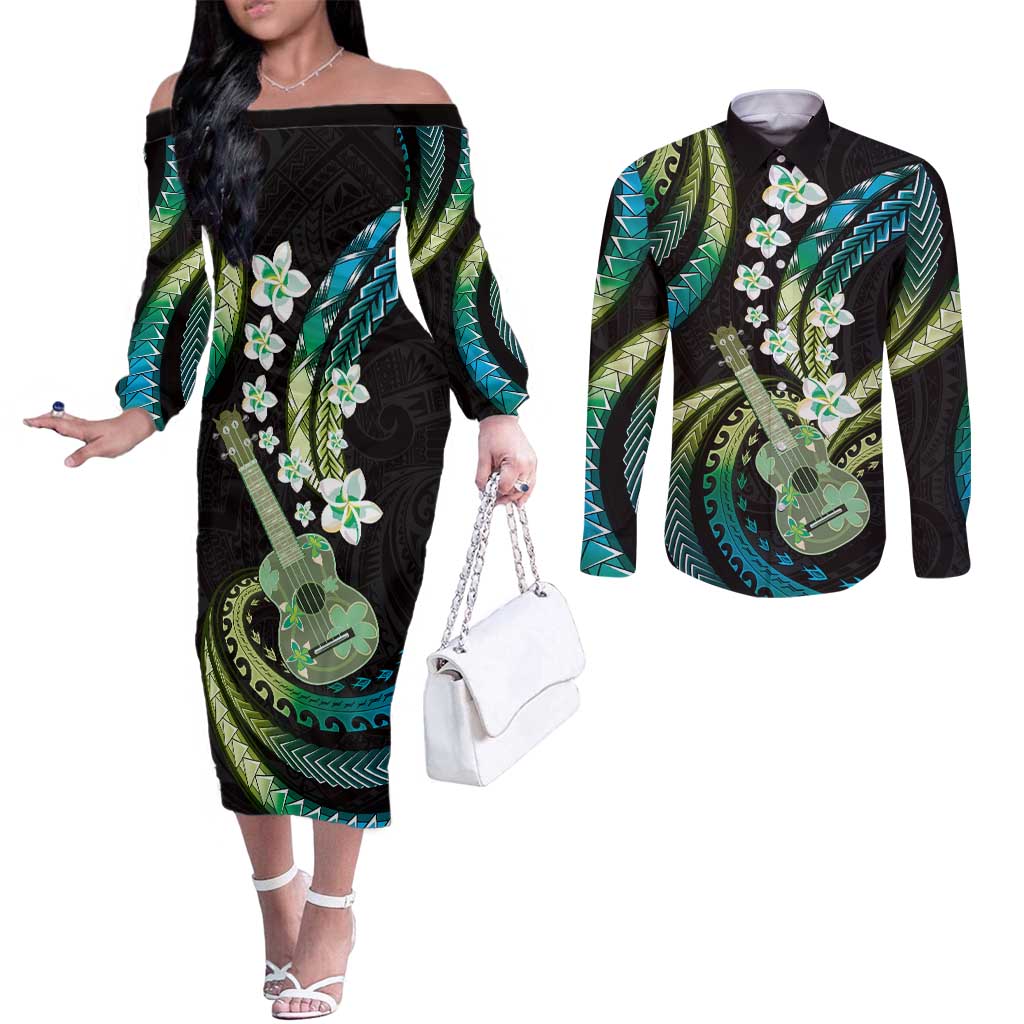 Hawaiian Ukulele Couples Matching Off The Shoulder Long Sleeve Dress and Long Sleeve Button Shirt Chartreuse Cyan Fantastic Plumeria