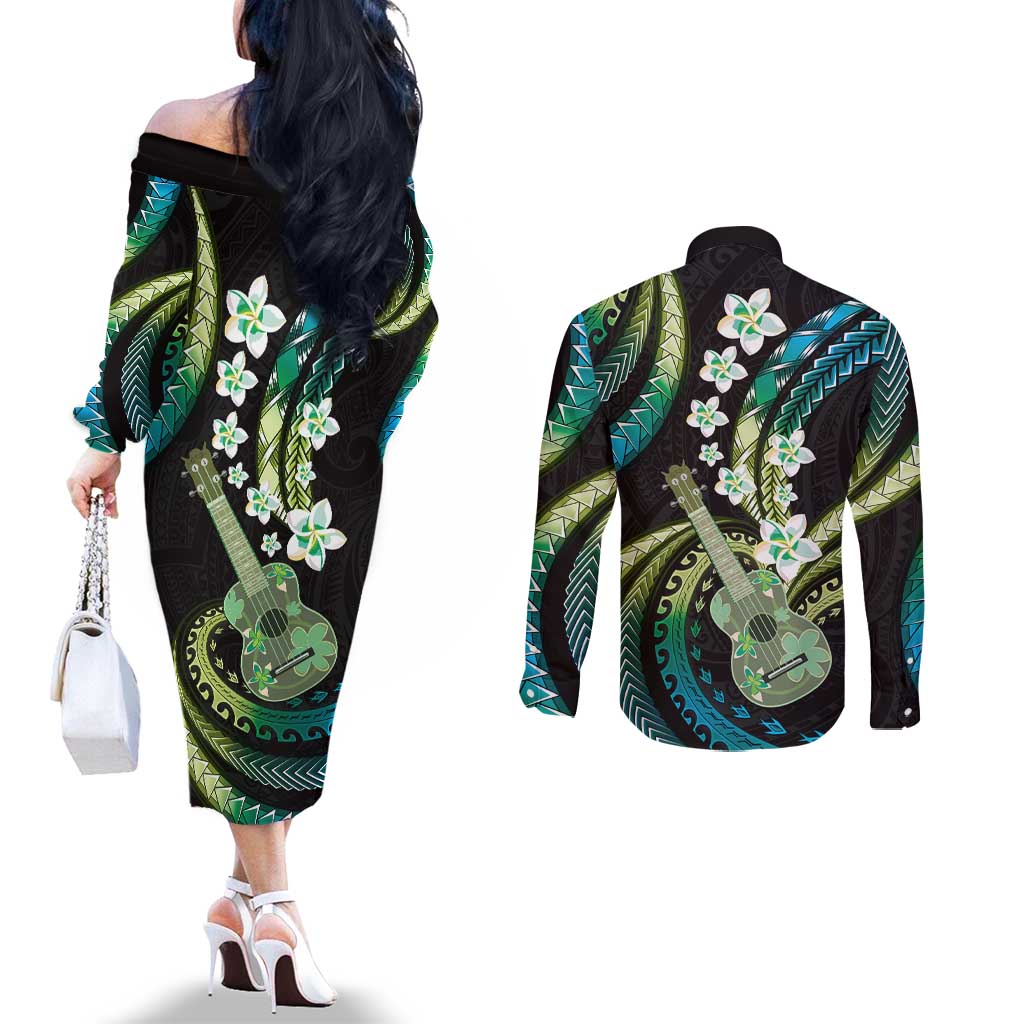 Hawaiian Ukulele Couples Matching Off The Shoulder Long Sleeve Dress and Long Sleeve Button Shirt Chartreuse Cyan Fantastic Plumeria