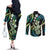 Hawaiian Ukulele Couples Matching Off The Shoulder Long Sleeve Dress and Long Sleeve Button Shirt Chartreuse Cyan Fantastic Plumeria