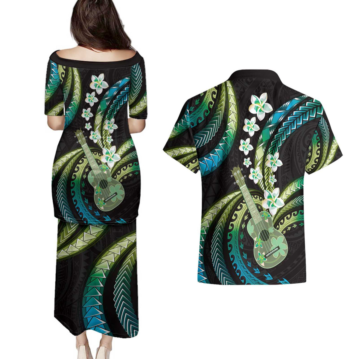Hawaiian Ukulele Couples Matching Puletasi and Hawaiian Shirt Chartreuse Cyan Fantastic Plumeria