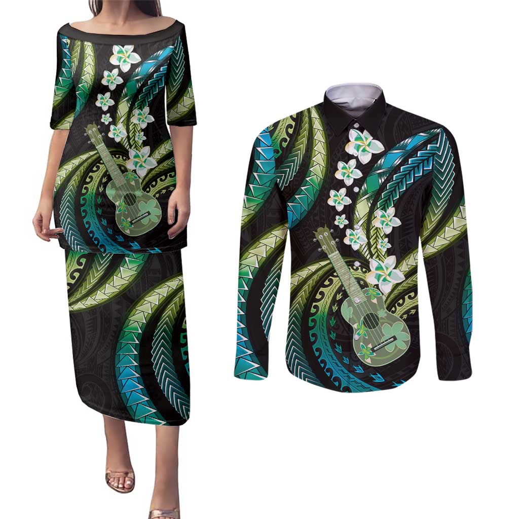Hawaiian Ukulele Couples Matching Puletasi and Long Sleeve Button Shirt Chartreuse Cyan Fantastic Plumeria
