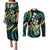 Hawaiian Ukulele Couples Matching Puletasi and Long Sleeve Button Shirt Chartreuse Cyan Fantastic Plumeria