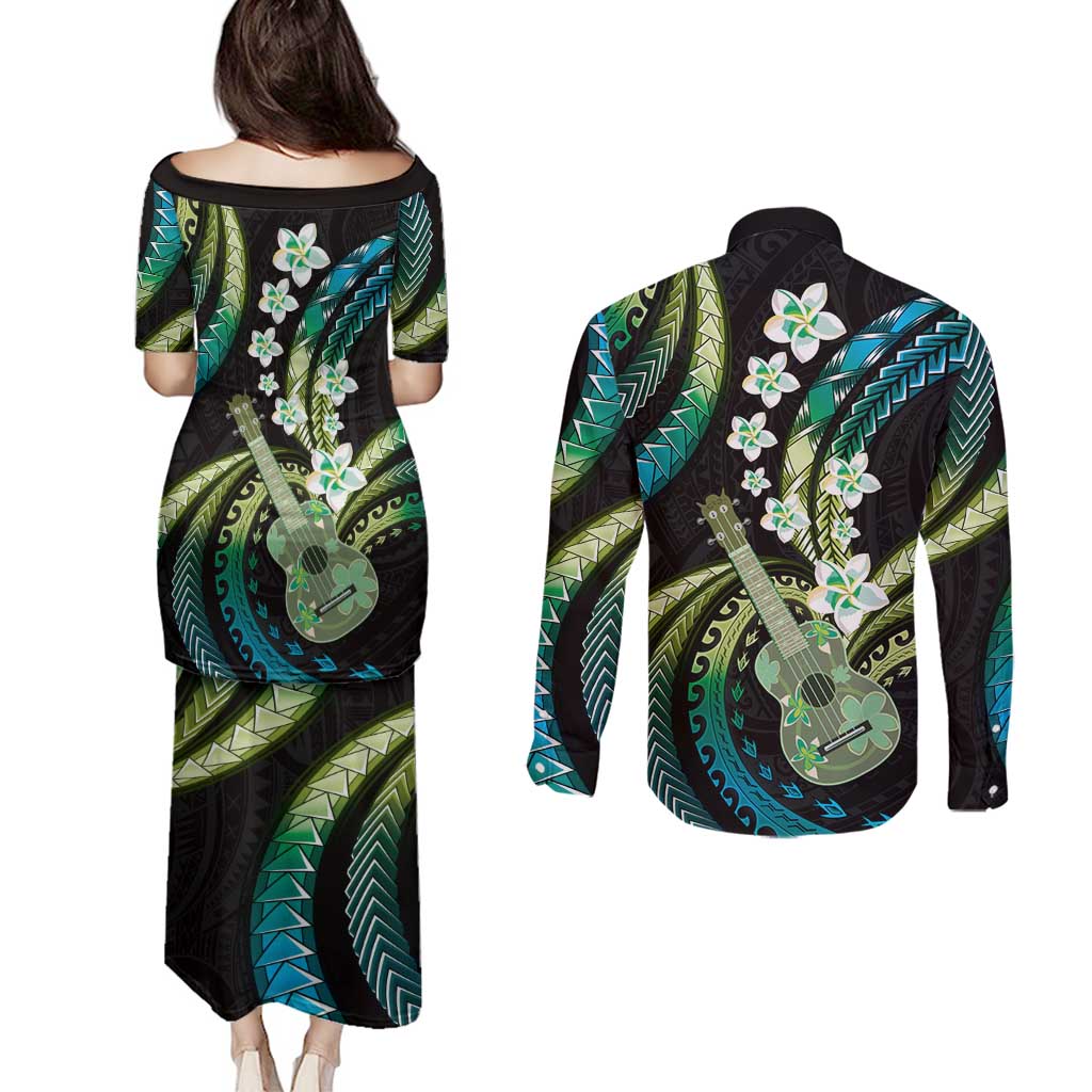 Hawaiian Ukulele Couples Matching Puletasi and Long Sleeve Button Shirt Chartreuse Cyan Fantastic Plumeria