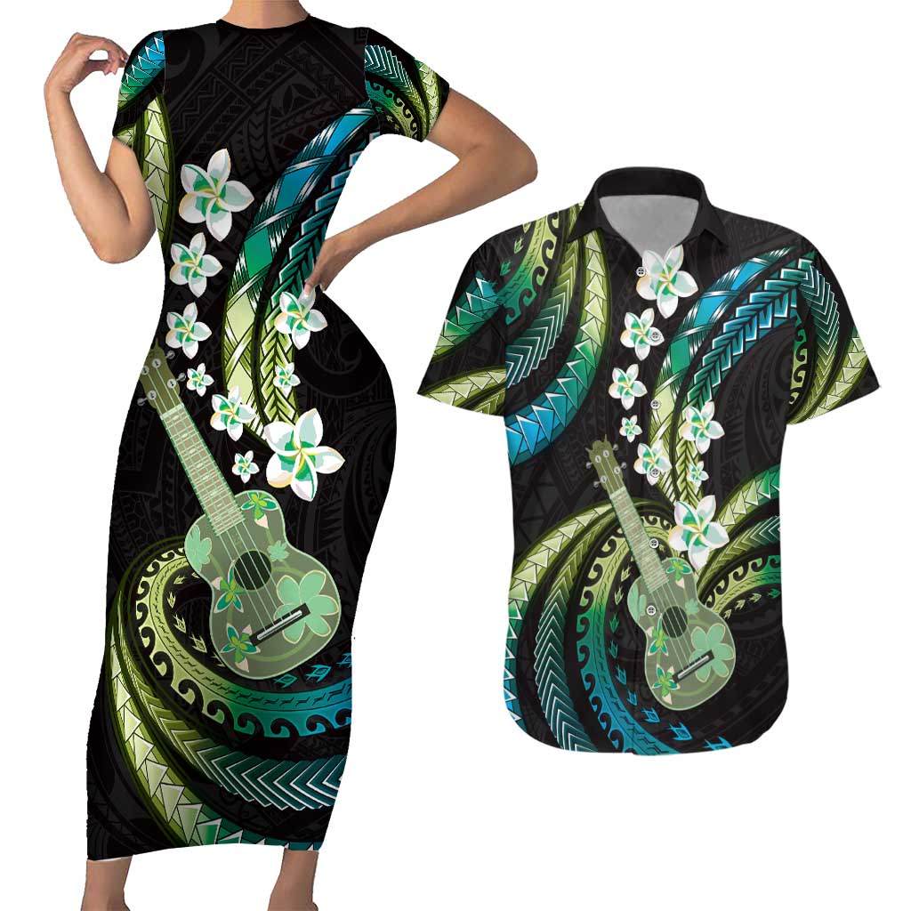 Hawaiian Ukulele Couples Matching Short Sleeve Bodycon Dress and Hawaiian Shirt Chartreuse Cyan Fantastic Plumeria LT01 Cyan - Polynesian Pride