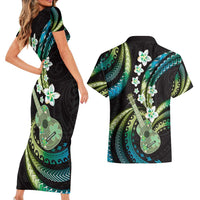 Hawaiian Ukulele Couples Matching Short Sleeve Bodycon Dress and Hawaiian Shirt Chartreuse Cyan Fantastic Plumeria LT01 - Polynesian Pride