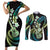 Hawaiian Ukulele Couples Matching Short Sleeve Bodycon Dress and Long Sleeve Button Shirt Chartreuse Cyan Fantastic Plumeria